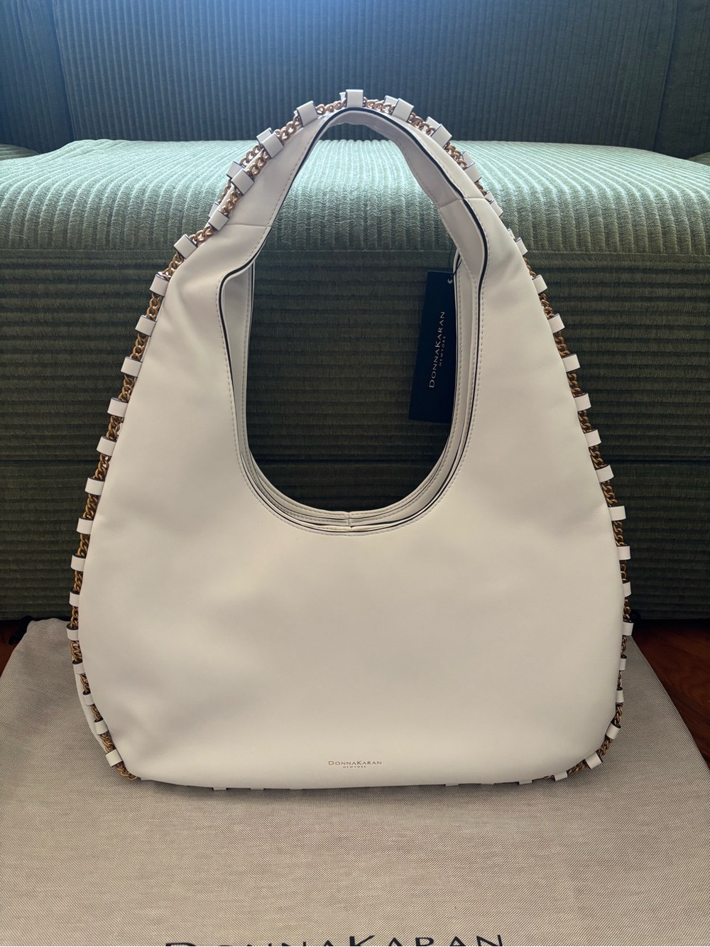 Donna Karan White Leather Shoulder Hobo with Gold-Trim Detail - Picture 15 of 15